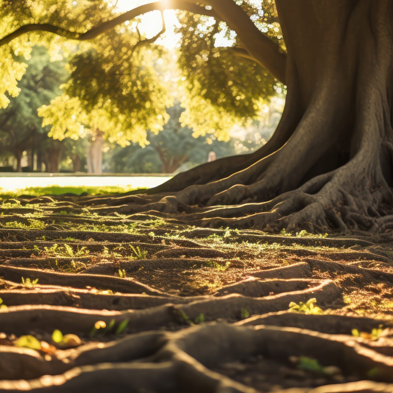 Ancient tree roots sprawl across the earth, a testament to time in a sun-dappled park.